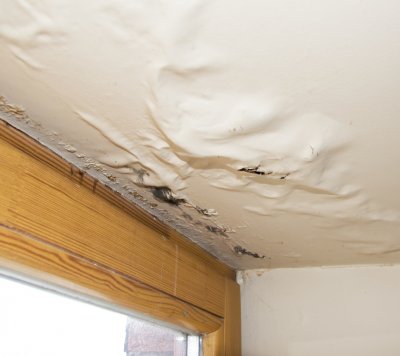 water damaged ceiling next to  window